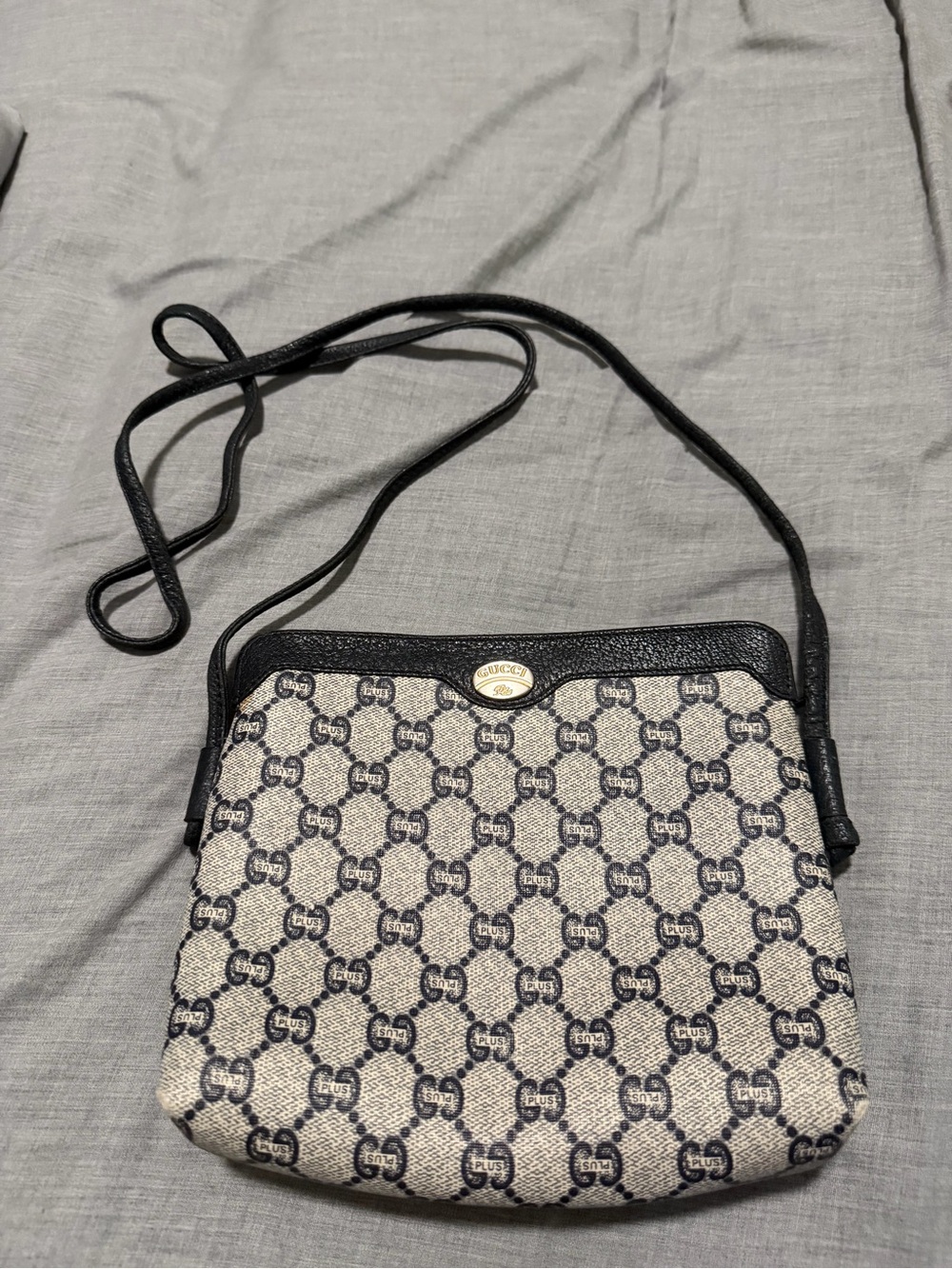Vintage Gucci GG Plus Monogram Crossbody with Navy Trim Pvc coated canvas